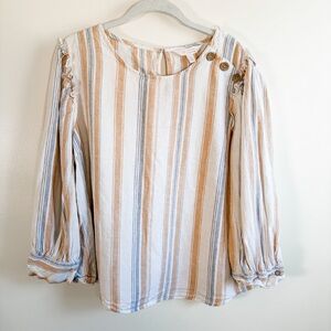 LC Lauren Conrad Linen Puff Sleeve Beige and Blue Striped Blouse